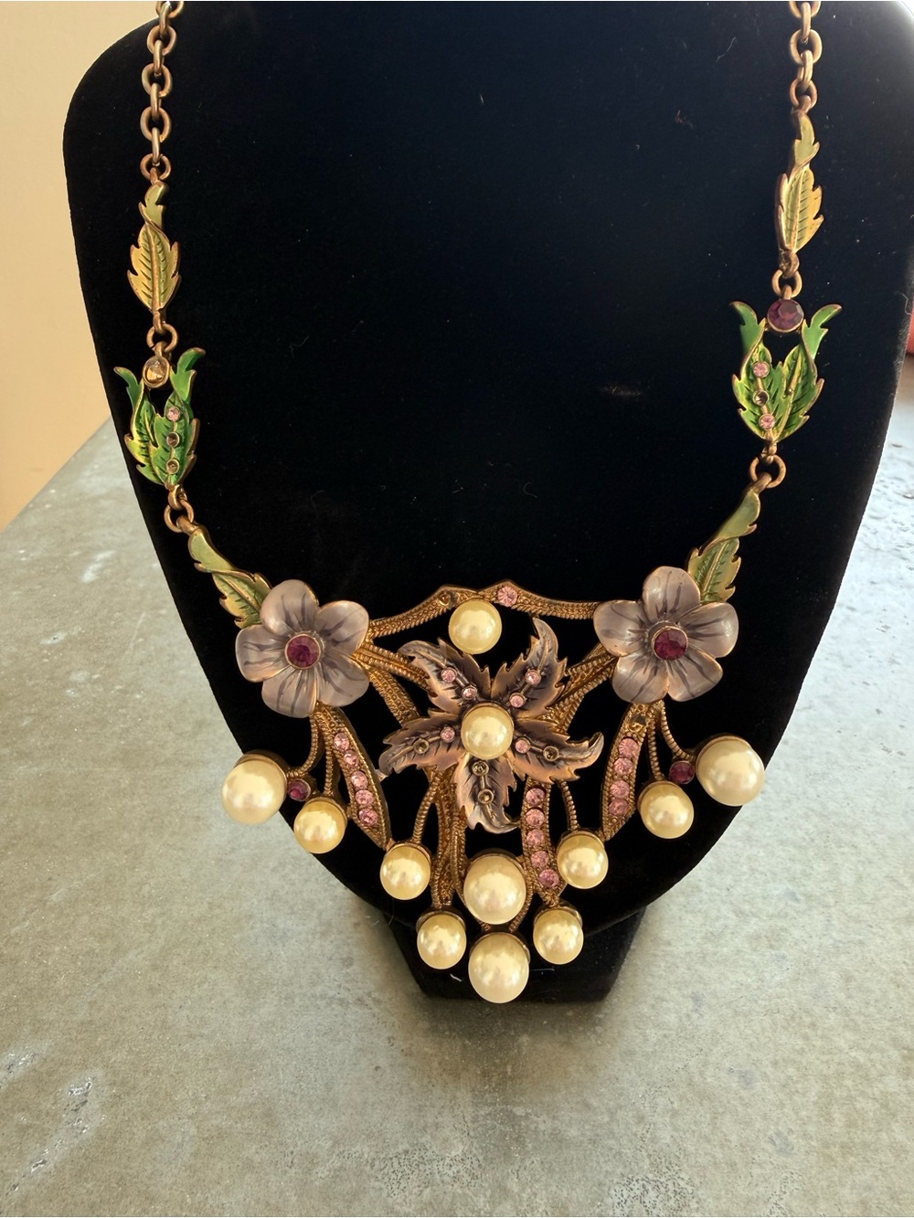 Gold-Tone Floral Pearl Drop Necklace with Green Enamel Leaves